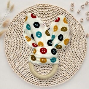 Little Buttons Handmade baby teether fabric & natural wood ring